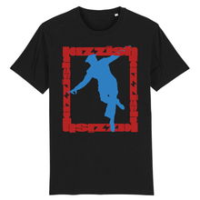 Load image into Gallery viewer, black t-shirt a print on the front of a square made from red text with a blue dance silhouette inside it
