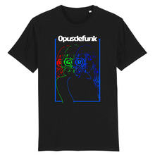 Load image into Gallery viewer, black-t-shirt-with-girl-holding-a-camera-to-her-eye-on-the-front