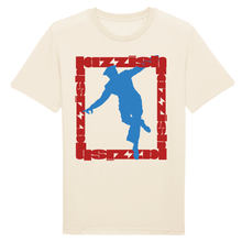 Load image into Gallery viewer, Natural color t-shirt a print on the front of a square made from red text with a blue dance silhouette inside it