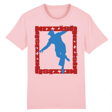 Load image into Gallery viewer, Pink t-shirt a print on the front of a square made from red text with a blue dance silhouette inside it