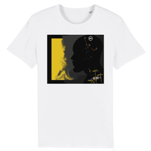 Load image into Gallery viewer, white t-shirt with a print of a drummer and above him is a man jumping and its inside a side view of a silhouette head shape
