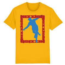 Load image into Gallery viewer, Yellow t-shirt a print on the front of a square made from red text with a blue dance silhouette inside it