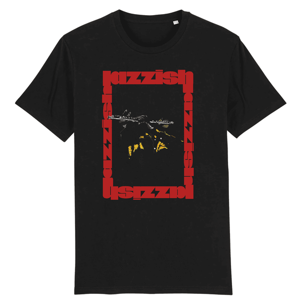 black t-shirt with a red texted square with a flute player in the centre