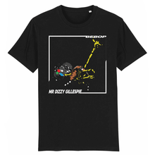 Load image into Gallery viewer, black round neck bebop jazz t-shirt with trumpet player on front
