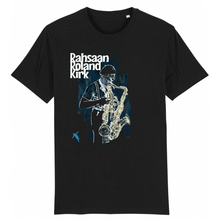 Load image into Gallery viewer, black-t-shirt-with-saxophone-player-on-the-front
