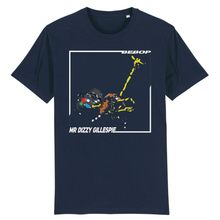 Load image into Gallery viewer, navy round neck bebop jazz t-shirt with trumpet player on front
