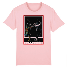 Load image into Gallery viewer, pink-color-t-shirt-layed-flat-a-print-on-the-front-with-a-couple-dancing-and-underneath-is-text-it-says-mambo
