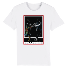 Load image into Gallery viewer, white-t-shirt-flat-a-front-print-with-a-couple-dancing-underneath-is-text-that-says-mambo
