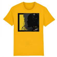 Load image into Gallery viewer, yellow t-shirt with a print of a drummer and above him is a man jumping and its inside a side view of a silhouette head shape
