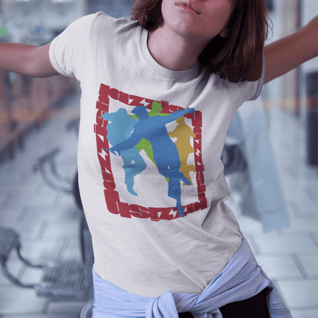girl wearing a white t-shirt with a print of  four dance silhouettes that are placed inside a square made by the word jazz ish on all the 4 sides