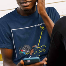 Load image into Gallery viewer, man wearing a navy round neck bebop jazz navy t-shirt with a trumpet player on the front 
