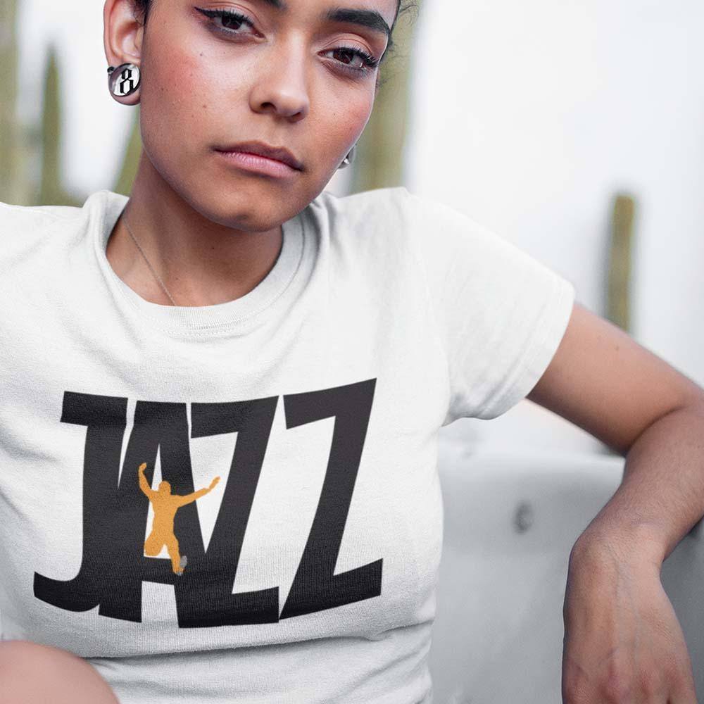 girl wearing white jazz t-shirt 