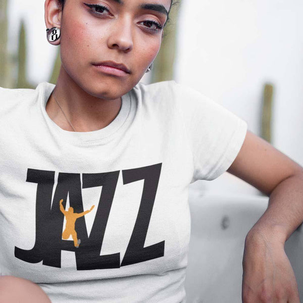 girl wearing white jazz t-shirt 