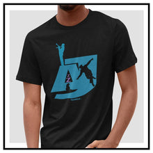 Load image into Gallery viewer, guy-black-t-shirt-blue-text-graphic-on-front.
