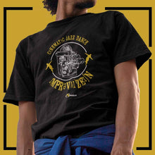 Load image into Gallery viewer, guy-wearing-black-t-shirt-with-graphic-on-the-front-for-a-vintage-camera-and-text
