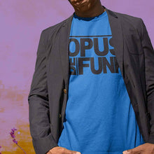 Load image into Gallery viewer, man-wearing-blue-t-shirt-with-text-on-the-front
