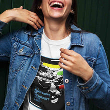 Load image into Gallery viewer, happy girl wearing a monk always t-shirt and a denim jacket
