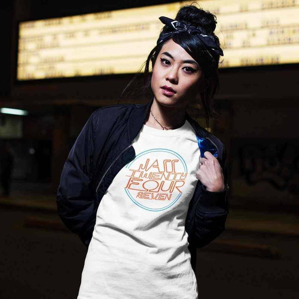 japanese girl holding her jacket open showing her jazz24-7 print on her t-shirt.jpg