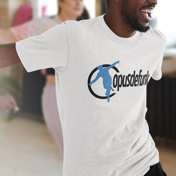man dancing  wearing a white t-shirt with opusdefunk text across is chest