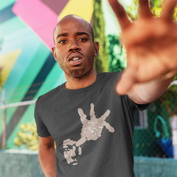 man reaching out wearing a opusdefunk reaching t-shirt