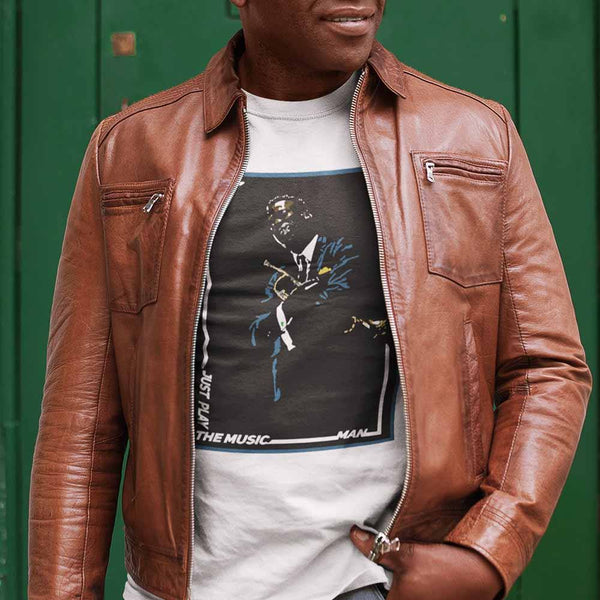 man wearing a miles davis in color white t-shirt with a leather jacket 