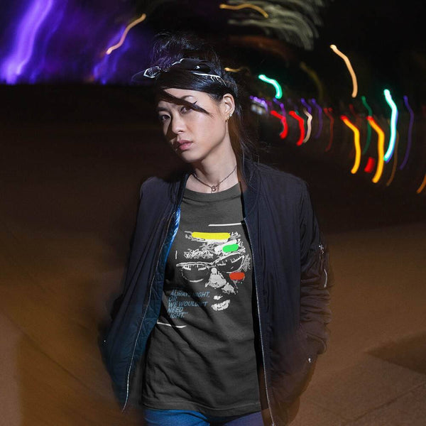 trendy girl wearing a monk always  t shirt while walking on the street at night