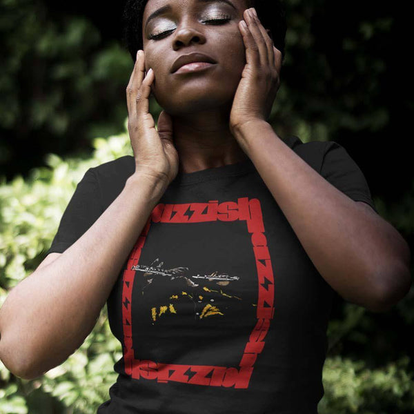 woman wearing a jazzflute t-shirt in the forest